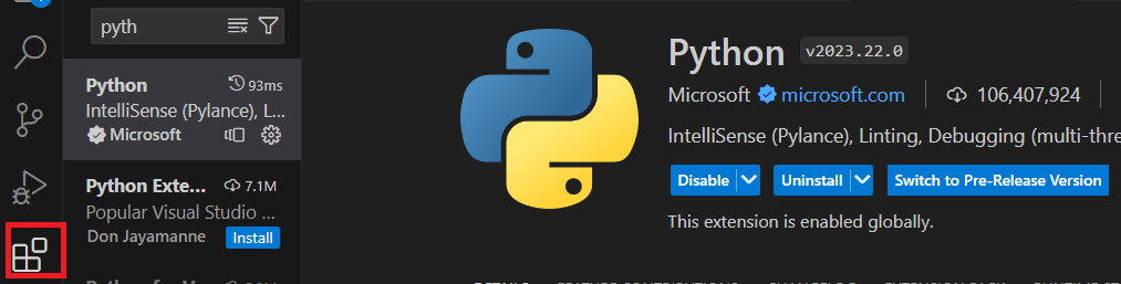 Captura de tela extensão Python VS Code