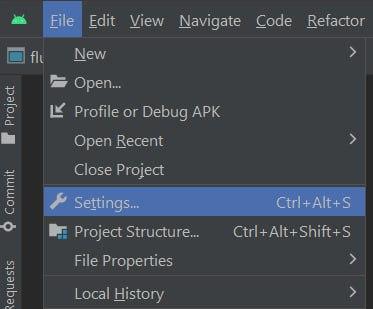 captura de tela do android studio. Menu File> Settings