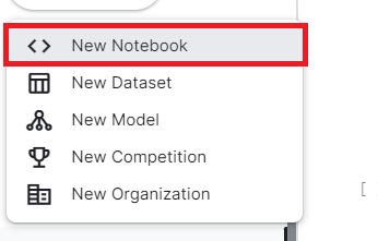 Imagem mostrando o menu esquerdo do Kaggle e a opção New Notebook, destacada em vermelho após clicar em Create.