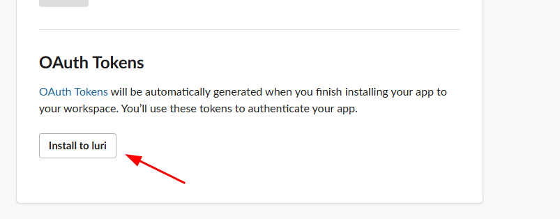 Tela de OAuth Tokens no Slack, com texto explicando que os tokens serão gerados após a instalação do app e o botão Install to luri destacado por uma seta vermelha.