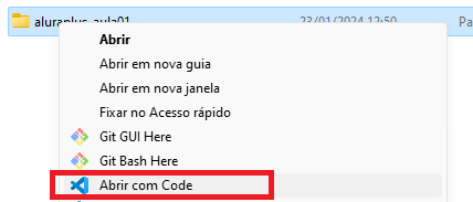 Captura de tela do explorador de arquivos Windows.  Há uma pasta selecionada e no menu ao lado está destacado a opção Abrir com code