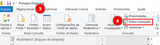 A imagem mostra a interface do Power Query. O destaque numérico (3) aponta para a aba "Página Inicial" no menu superior, que contém opções para manipulação de dados. O destaque numérico (4) indica a opção "Editor Avançado"