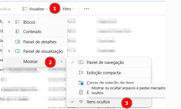 Captura de tela do Explorador de Arquivos do Windows mostrando o caminho para exibir arquivos ocultos. No menu superior, a opção "Visualizar" está selecionada (passo 1), seguida da opção "Mostrar" (passo 2), e, por fim, a opção "Itens ocultos" (passo 3), que permite visualizar arquivos e pastas ocultos no sistema.