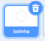 Captura de tela do Scratch. Nela há uma quadrado de bordas azuis, legenda azul, escrito bolinha com letras brancas, dentro há uma circunferência.