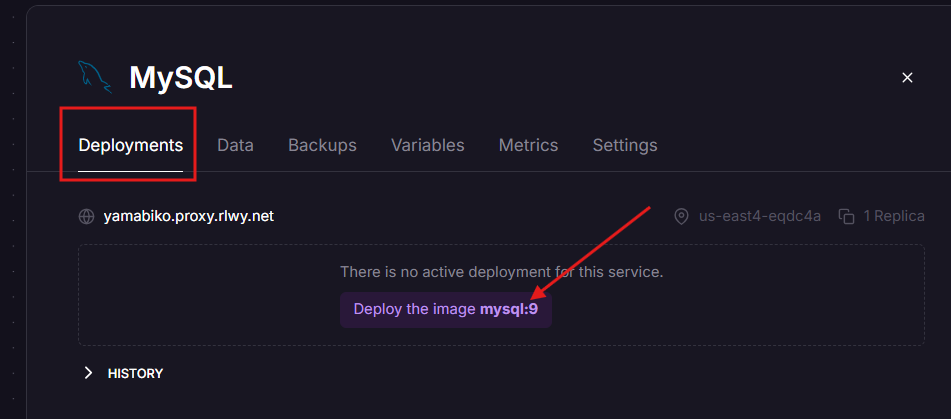 Tela da aba "Deployments" no painel da Railway mostrando a mensagem "There is no active deployment for this service" e o botão roxo "Deploy the image mysql:9"