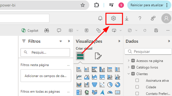 captura de tela do Power BI Service.No menu supeior direito há um símbolo de engrenagem.