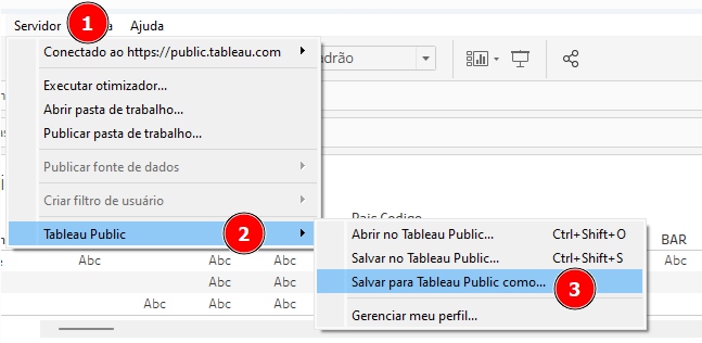 Captura de tela do Tableau mostrando o menu para salvar no Tableau Public