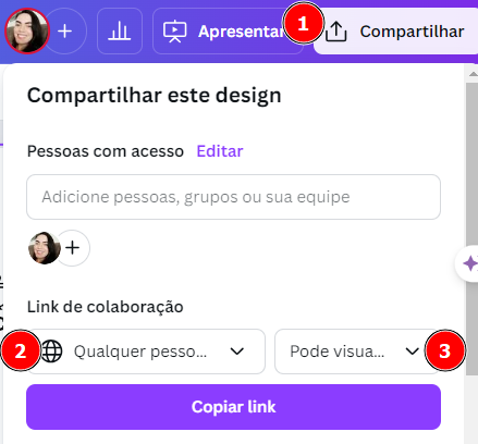 Captura de tela de uma interface de compartilhamento de design em uma plataforma. No canto superior direito, há um botão destacado com o número 1 e o texto "Compartilhar". Abaixo, há uma seção intitulada "Compartilhar este design". Nesta seção, há um campo para adicionar pessoas, grupos ou equipe, seguido por um ícone de perfil com um sinal de adição.