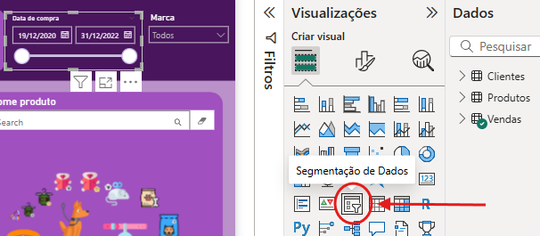 Captura de tela do Power BI mostrando, à esquerda, um filtro de datas já inserido no relatório. À direita, no painel Visualizações, há diversos ícones de visuais. Um deles — o ícone de Segmentação de Dados — está circulado em vermelho e apontado por uma seta, destacando sua localização entre os demais visuais.