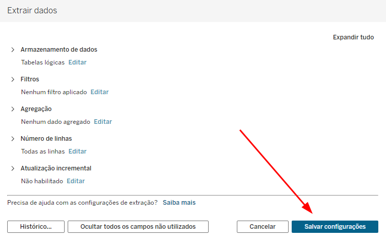 Captura de tela do Tableau solicitando a confirmação para salvar as configurações da extração de dados