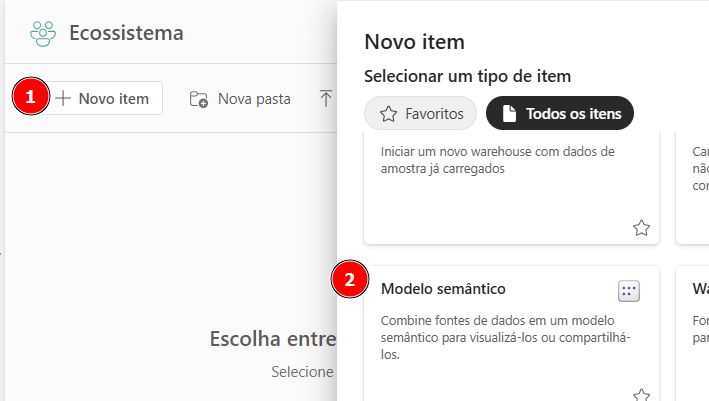 Captura de tela do ecossistema. Há o numeral 1 ao lado de '+ Novo Item'. Já uma janela sobreposta. E numeral 2 está ao lado da opção 'Modelo Semântico'.