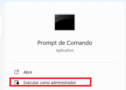 Captura de tela do menu Iniciar do Windows com o prompt de comando destacado