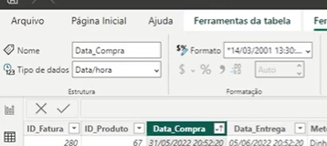 Captura do vídeo da aula. Está destacado o tipo de dados Data/hora e o formato data hora