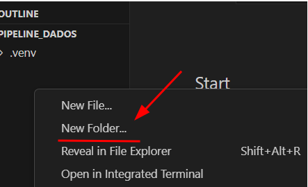 A imagem mostra o menu de contexto do Visual Studio Code aberto na seção do explorador de arquivos. O menu exibe algumas opções, incluindo "New File...", "New Folder...", "Reveal in File Explorer" e "Open in Integrated Terminal". A opção "New Folder..." está destacada com uma linha vermelha e uma seta vermelha apontando para ela