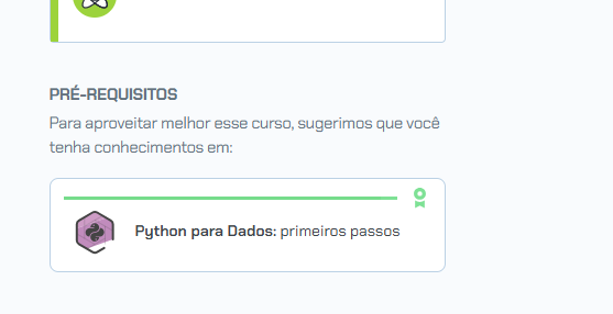 Seção “Pré-requisitos” da página de um curso na Alura indicando que é recomendado ter conhecimentos em “Python para Dados: primeiros passos”, exibido em um card com barra de progresso verde e ícone do curso.