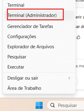 Alt: "Imagem do menu de contexto do botão Iniciar do Windows. O menu exibe várias opções, incluindo 'Terminal', 'Gerenciador de Tarefas', 'Configurações', 'Explorador de Arquivos', 'Pesquisar' e 'Executar'. A opção 'Terminal (Administrador)' está destacada com um retângulo vermelho."