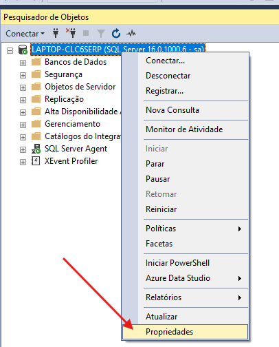 captura de tela do ssm há um menu suspenso sobre a instância e uma sera apontando para a opção 'propriedades' 