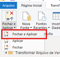 Menu do Power Query com a opção “Fechar e Aplicar” destacada em vermelho, usada para aplicar as alterações feitas nas consultas e retornar ao Power BI.