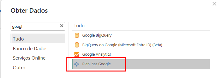 Tela de busca do Power BI com a opção "Planilhas Google" selecionada