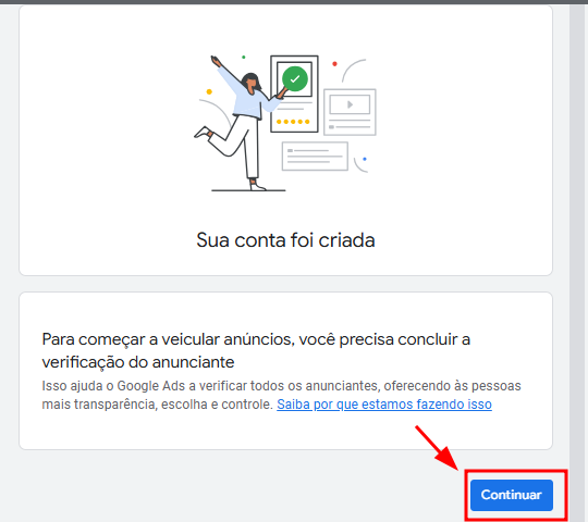 Um botão azul com o texto "Continuar" está no canto inferior direito, destacado com uma seta vermelha.