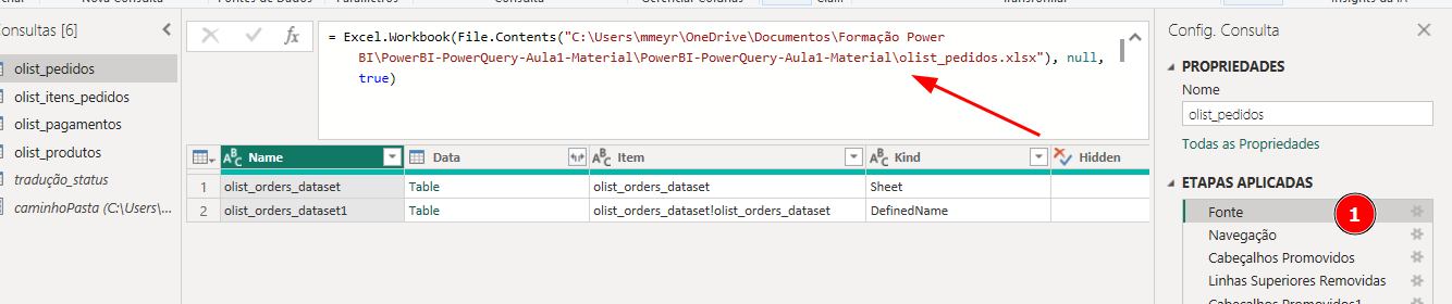 Captura de tela do Power Query no Power BI, mostrando uma consulta chamada "olist\_pedidos". No editor de fórmula, é exibido o caminho do arquivo Excel utilizado como fonte de dados: `"olist_pedidos.xlsx"`. A tabela de navegação exibe duas entradas: "olist\_orders\_dataset" e "olist\_orders\_dataset1". À direita, no painel "Config. Consulta", a etapa "Fonte" está destacada como a primeira em "ETAPAS APLICADAS". Um retângulo vermelho com o número 1 marca essa etapa. 