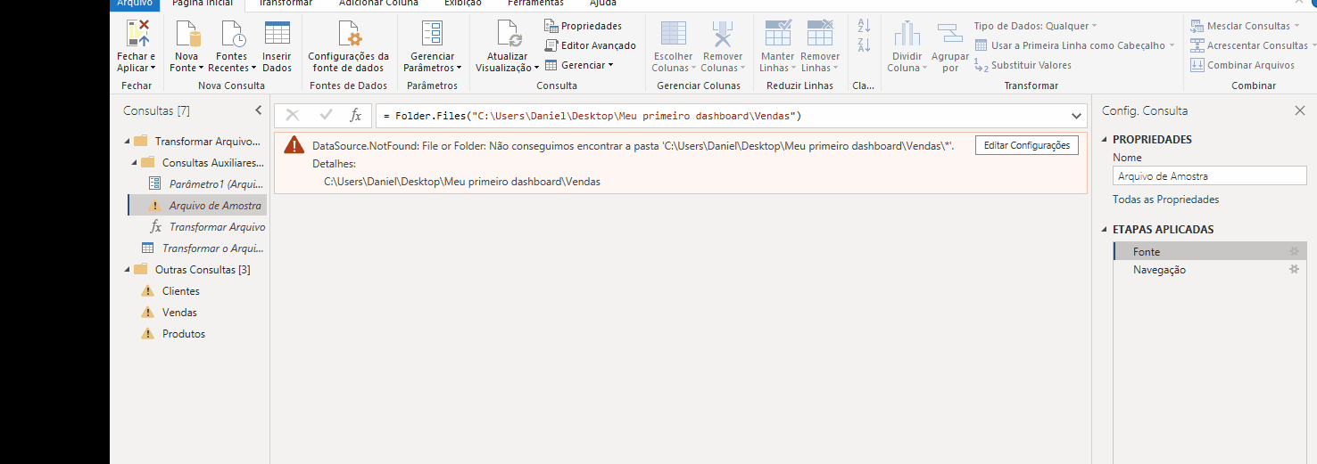 GIF mostrando no Power BI o processo de editar as consultas 'Arquivo de Amostra' e 'Produtos' e 'Vendas', o usuário clica em cada consulta e em etapas aplicadas, vai em fonte e insere o caminho correspondente.