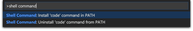 Imagem da interface do Visual Studio Code exibindo a barra de comandos com a pesquisa '>shell command'. Duas opções são sugeridas: 'Shell Command: Install 'code' command in PATH' e 'Shell Command: Uninstall 'code' command from PATH'. A primeira opção está destacada em azul, indicando que está selecionada.