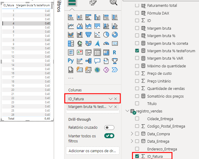 captura de tela da tabala com `ID_Fatura` da tabela `registro_vendas`  