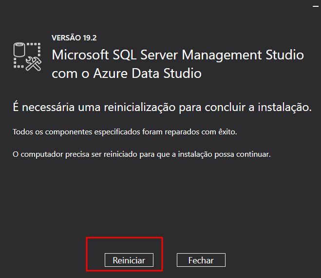 captura de tela do SSMS-Setup-PTB há o botão reiniciar e fechar