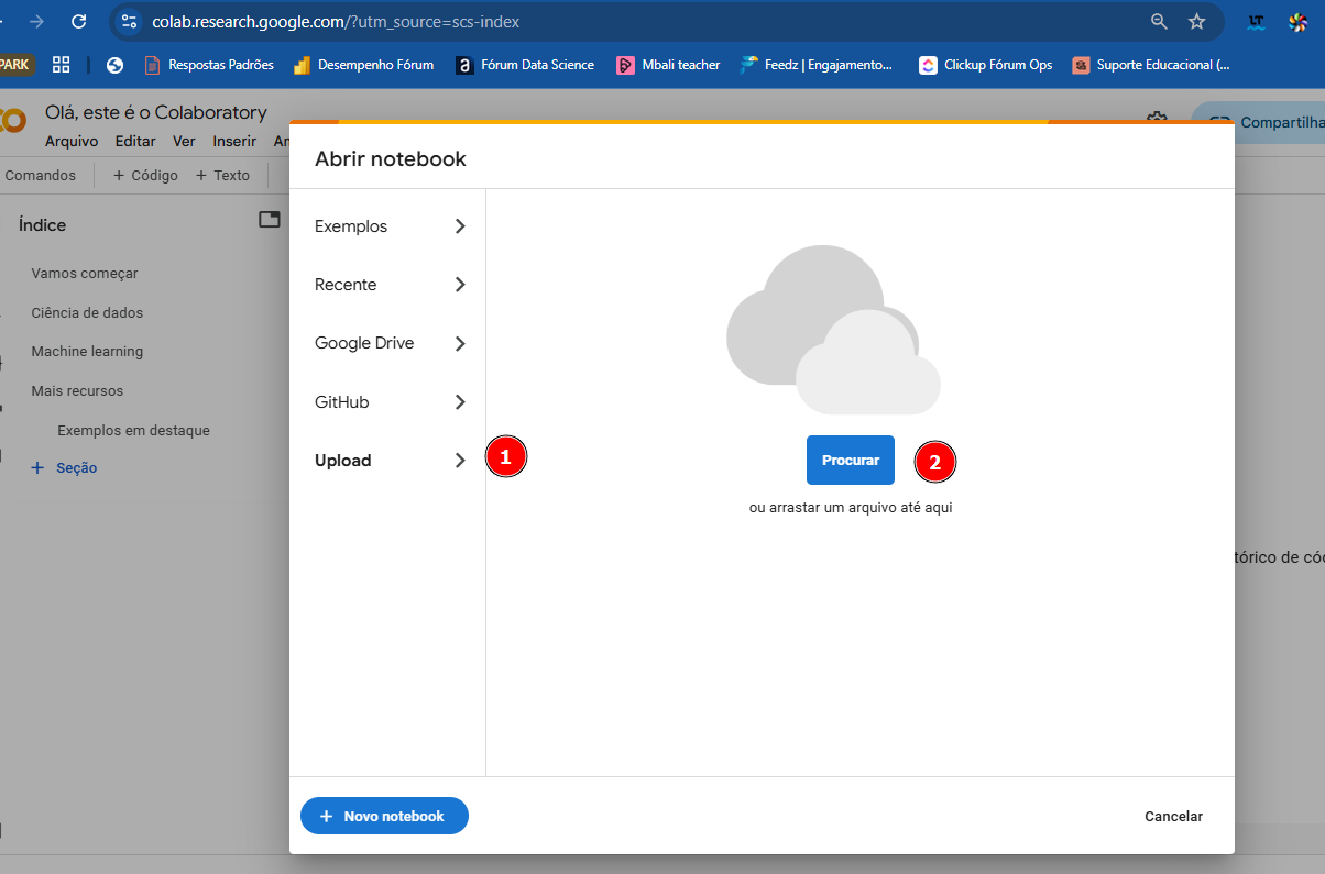 Página do Google Colab aberta com a janela 'Abrir notebook' em destaque. No menu lateral, a opção 'Upload' está selecionada (indicada pelo número 1 em vermelho), e o botão azul 'Procurar' aparece no centro da tela (marcado com o número 2)