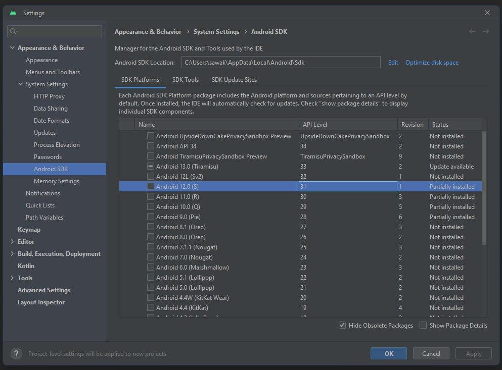 Captura de tela do android studio."Tools" > "SDK Manager". SDK Platforms está selecionado a opção Android 12 API level 31 