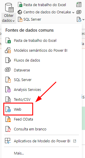 Menu suspenso no Power BI exibindo a lista de "Fontes de dados comuns". Entre as opções listadas estão "Pasta de trabalho do Excel", "Modelos semânticos do Power BI", "Fluxos de dados", "SQL Server", "Texto/CSV" e "Web". A opção "Web" está destacada com uma borda vermelha e uma seta vermelha apontando para ela.