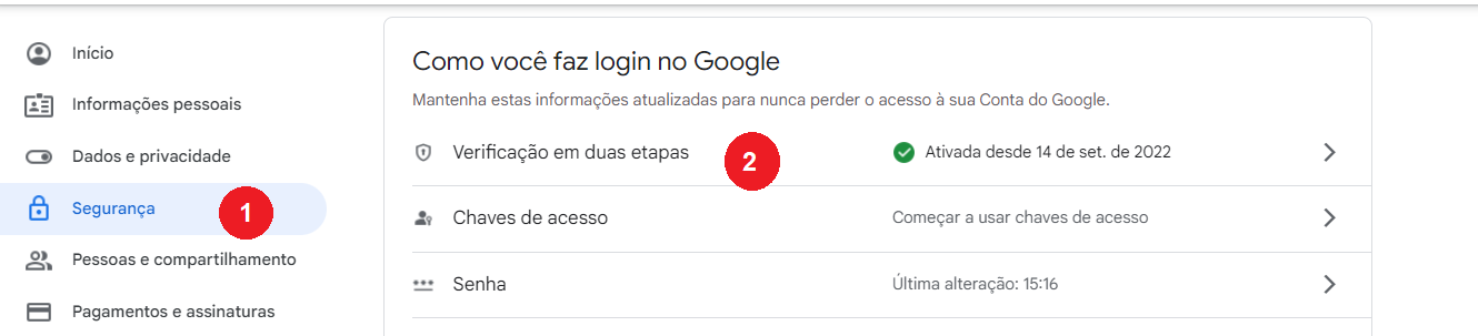 Captura de tela da página gerencia sua conta google. Está destacado em vermelho uma circuferencia com numeral 1 a opção segurança no menu lado esquerdo da tela. E está destacado com numeral 2, a opção verificação em duas etapas, na aba 'Como você faz login no goole'