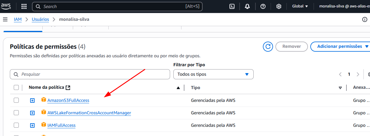 Página do IAM mostrando os serviços aos quais o usuário pode ter permissões, incluindo o S3