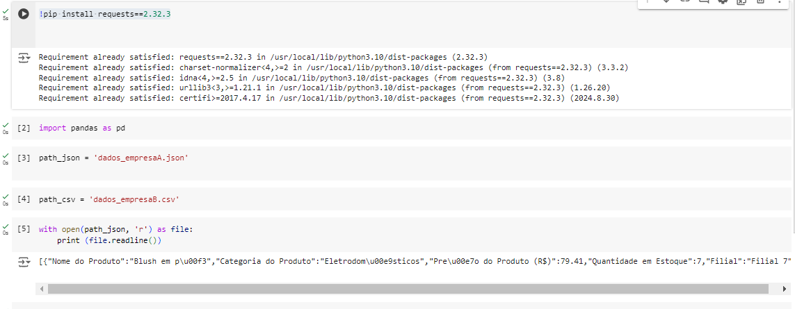 Captura de tela do Colab mostrando o uso do comando `import pandas as pd`, sem erros, indicando que a biblioteca pandas já está instalada. 