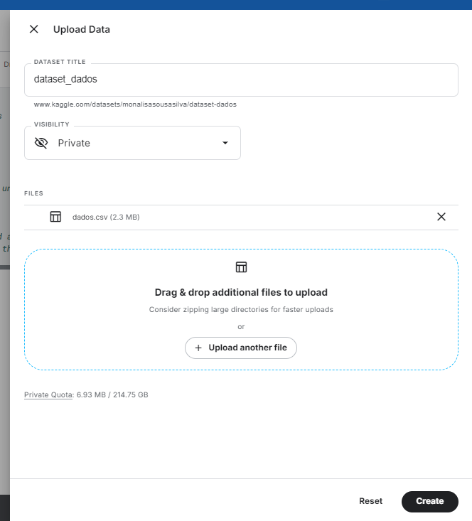 Janela de upload do Kaggle