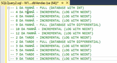 Captura de tela do script da aula Backup Diferencial com os comandos `DATABASE WITH INT`** e **`LOG WITH NOIN`  