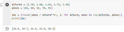 código da atividade executado no colab. A saída é [22.5, 24.7, 21.3, 22.9, 26.3]