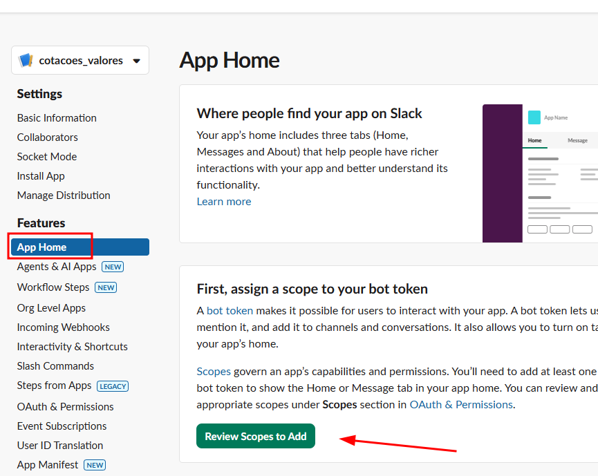 Tela de configuração do Slack na aba App Home, com o botão verde Review Scopes to Add destacado e a opção App Home selecionada no menu lateral.