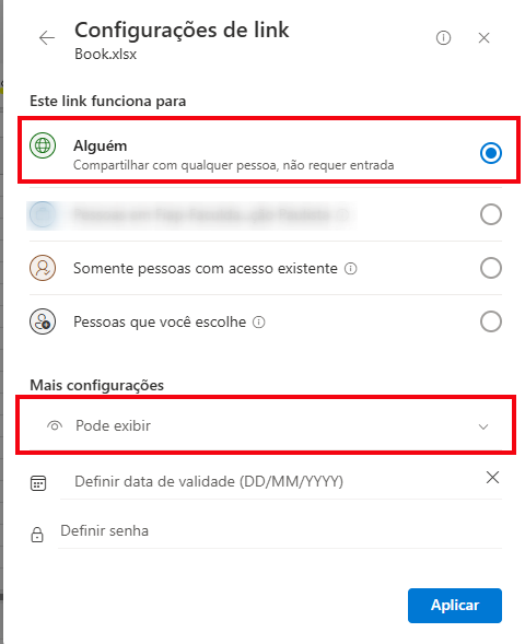 IImagem da janela **“Compartilhar ‘Book.xlsx’”** no Excel Online. A interface mostra campos para inserir e-mails ou nomes e adicionar uma mensagem. Na parte inferior, aparecem os botões **“Copiar link”**, um ícone de **engrenagem** destacado (marcado com o número 3, indicando as configurações de acesso do link) e o botão **“Enviar”** à direita.