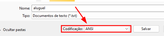 Captura de tela da janela de salvar. Há um campo Nome como o nome do arquivo escrito aluguel, abaixo há um campo Tipo escrito documentos de texto e abaixo há uma caixa de seleção com a opção ANSI, esta estar destacada em vermelho e uma seta também em vermelho apontando-a