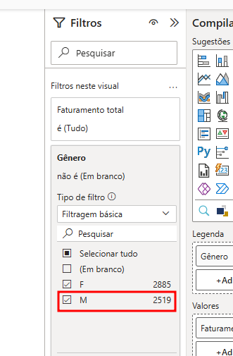 Imagem de tela do Power BI mostrando o painel de Filtros aplicado a um visual. No campo “Gênero”, estão disponíveis as opções “F” (2885 registros) e “M” (2519 registros). A opção “M” está marcada, destacada por uma caixa vermelha