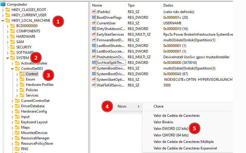 Captura de tela do Editor do Registro do Windows com áreas numeradas destacadas. À esquerda, a árvore de diretórios exibe as chaves do sistema, com "HKEY_LOCAL_MACHINE" destacada com o número 1. A subpasta "SYSTEM" está expandida, mostrando "ControlSet001" como destaque com o número 2 e a subpasta "Hardware Profiles" marcada com o número 3. À direita, a tabela exibe as colunas "Nome", "Tipo" e "Dados" com várias entradas. Um menu de contexto está aberto ao clicar com o botão direito, exibindo opções para criar um novo valor. A opção "Novo" está destacada com o número 4, e a opção "Valor DWORD (32 bits)" está destacada com o número 5