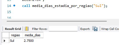 captura de tela da saída da procedure o resultado é Sul 2.7500