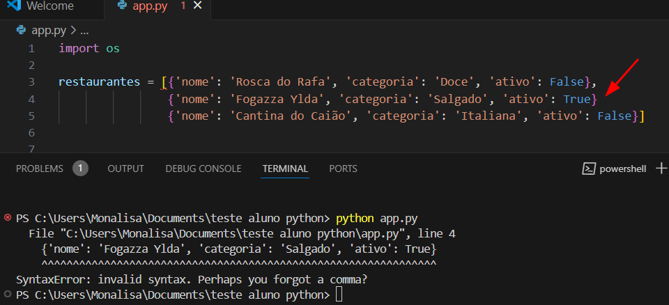 captura de tela do código com  uma seta apontando para a falta da vírgula
