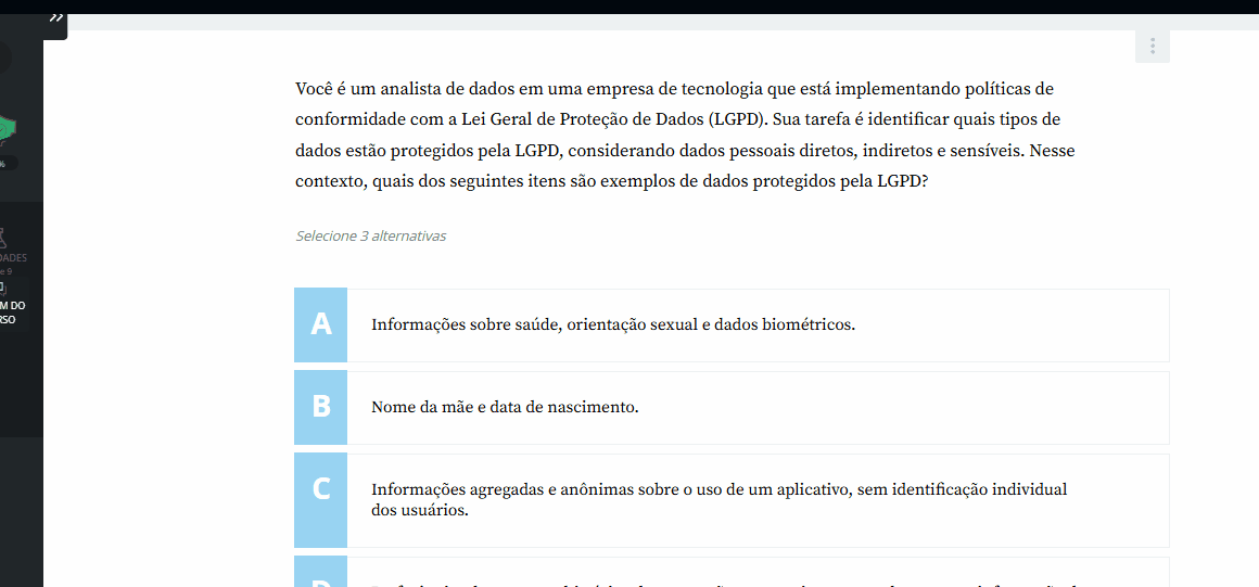 Gif mostrando como desmarcar uma alternativa incorreta clicando no X e selecionar outra opção. O mouse clica a e b e depois d, a e b ficam verdes e a alternativa d fica vermelha e com x. O mouse então clica no x e ele escolhe a alternativa e ficando essa verde.