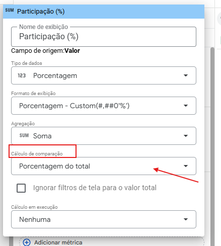 Janela de configuração de métrica no Looker Studio. O campo está nomeado como Participação (%) e o tipo de dado definido como Porcentagem. No item Cálculo de comparação, a opção selecionada é Porcentagem do total, destacada com uma caixa vermelha e uma seta indicando o menu suspenso.