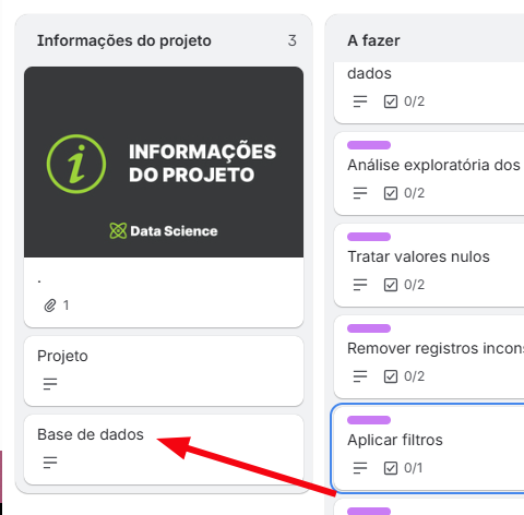 Captura de tela de um quadro Kanban de projeto de Data Science. À esquerda, há a coluna “Informações do projeto”, com cartões como “Projeto” e “Base de dados”. Uma seta vermelha aponta para o cartão “Base de dados”. À direita, aparece parcialmente a coluna “A fazer”, com tarefas como análise exploratória, tratar valores nulos, remover registros inconsistentes e aplicar filtros.