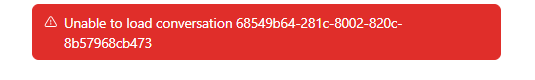 Mensagem de erro em fundo vermelho com ícone de alerta dizendo: 'Unable to load conversation 68549b64-281c-8002-820c-8b57968cb473