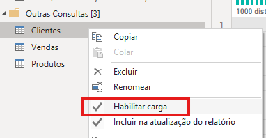 Menu de contexto do Power BI exibido ao clicar com o botão direito em uma consulta. A opção **Habilitar carga** aparece destacada com um retângulo vermelho. Outras opções visíveis no menu são Copiar, Colar (desabilitado), Excluir, Renomear e Incluir na atualização do relatório. À esquerda, no painel de consultas, aparecem as tabelas Clientes, Vendas e Produtos dentro da pasta “Outras Consultas [3]”.